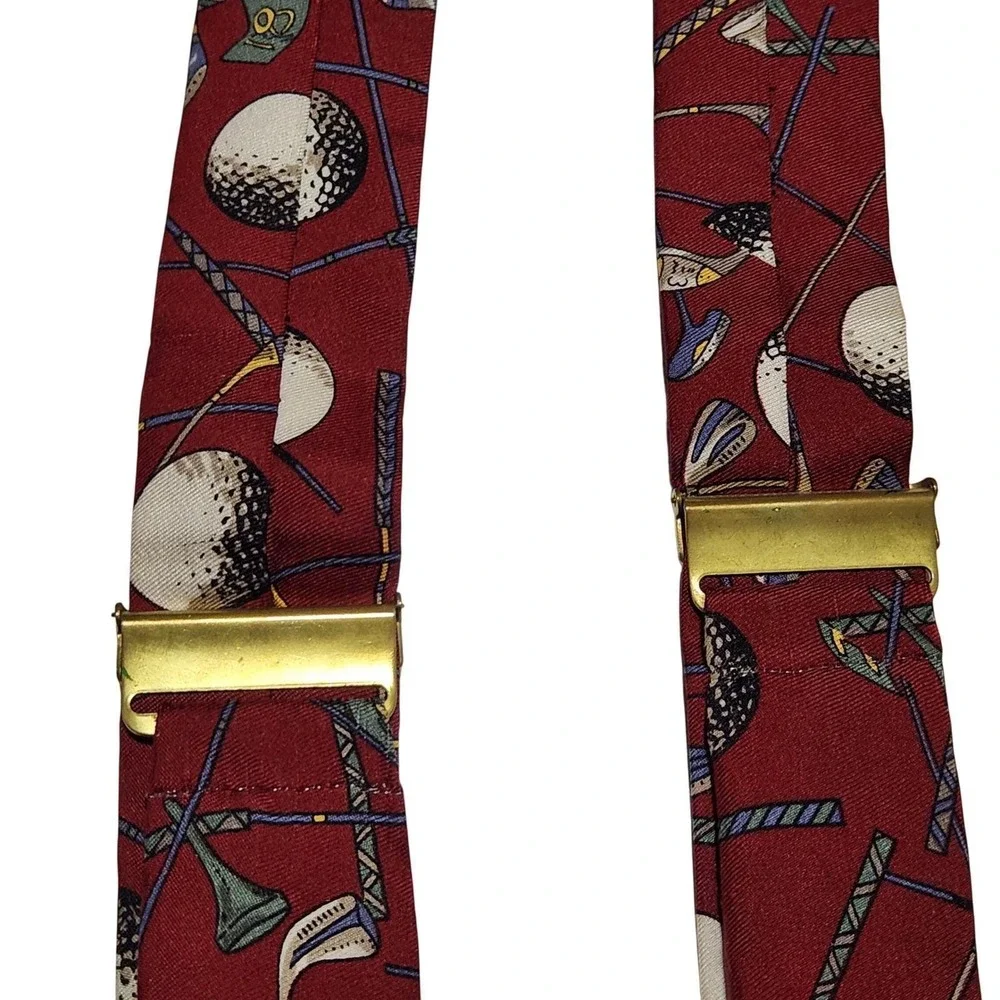Polo Ralph Lauren Golf Motif Silk Embroidered‎ Suspenders Leather Heritage VTG